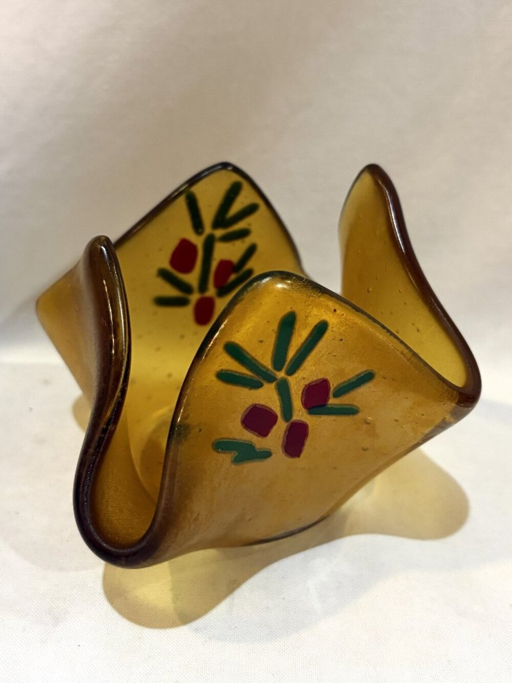 VTG Amber Glass Handkerchief Bowl Candle Votive Holder Trinket Dish